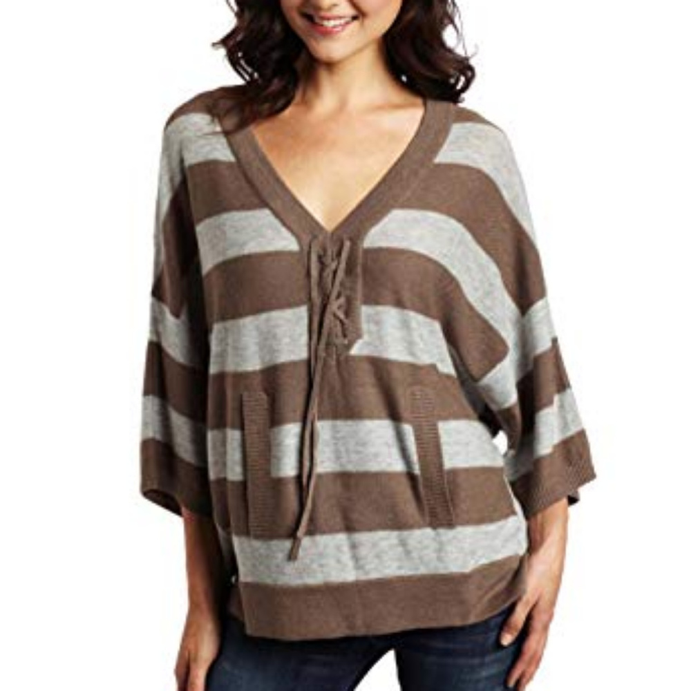 C & C CALIFORNIA Brown /Gray Stripe Poncho Top M/L
